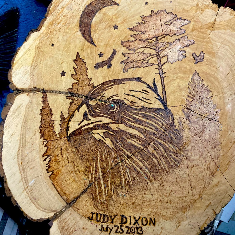 Wood burned eagle landscape with turquoise